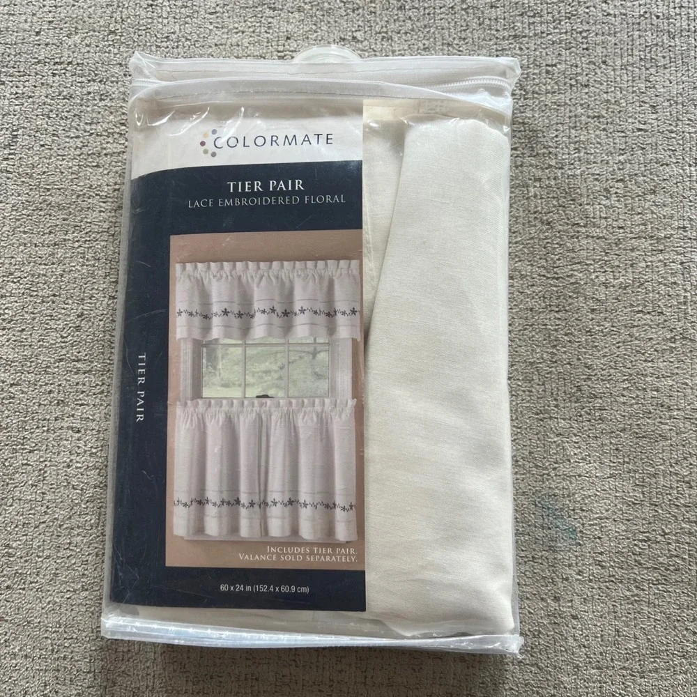 Colormate Embroidered Floral Tier Pair Curtains 60x24 Cotton Cream Blue